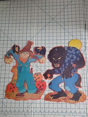 Set of 2 Vintage Halloween Die Cuts Cardboard Scarecrow And Werewolf, KIRK
